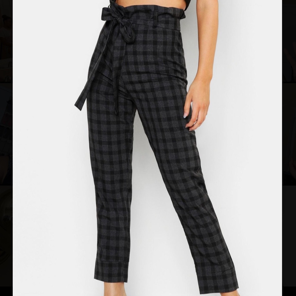 Boohoo Paper Bag Waist Check Tapered Pants